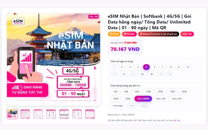 Dưới đây là danh sách các gói cước eSIM Softbank được thiết kế may đo cho từng nhu cầu di chuyển của bạn: